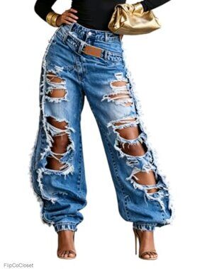 High Waisted Barrel Baggy Ripped Jeans Distressed Raw Hem Denim Pants